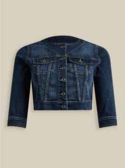 Denim Crop Collarless Jacket -Clothing Shop 11691316 10369 flat