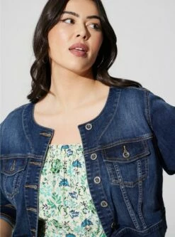 Denim Crop Collarless Jacket