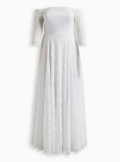 White Lace Off Shoulder A-Line Wedding Dress 9 White Lace Off Shoulder A-Line Wedding Dress -Clothing Shop 12448203 05590 flat