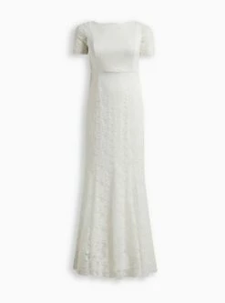 Ivory Lace Short Sleeve Fit & Flare Wedding Dress -Clothing Shop 12448601 05590 flat