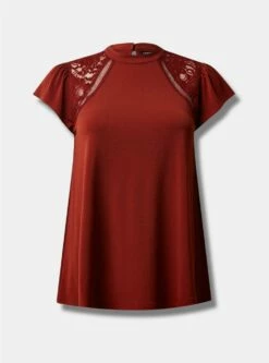 Studio Crepe Jersey Mock Neck Lace Inset Top -Clothing Shop 13674008 00136 flat