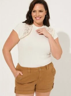 Studio Crepe Jersey Mock Neck Lace Inset Top