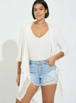 Super Soft Cardigan Lace Trim Drape Front