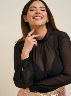 Chiffon With Satin Trim Turtleneck Top 8 Chiffon With Satin Trim Turtleneck Top -Clothing Shop 18934837 00684 av3