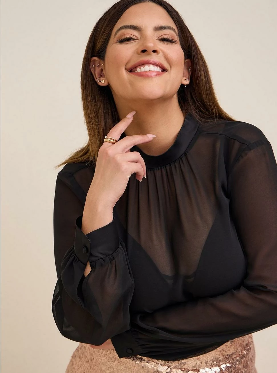 Chiffon With Satin Trim Turtleneck Top 4 Chiffon With Satin Trim Turtleneck Top - Image 4