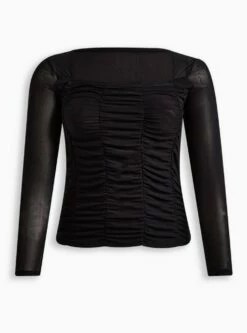 Stretch Mesh Shirred Bodice Crop Top -Clothing Shop 19553650 00684 flat