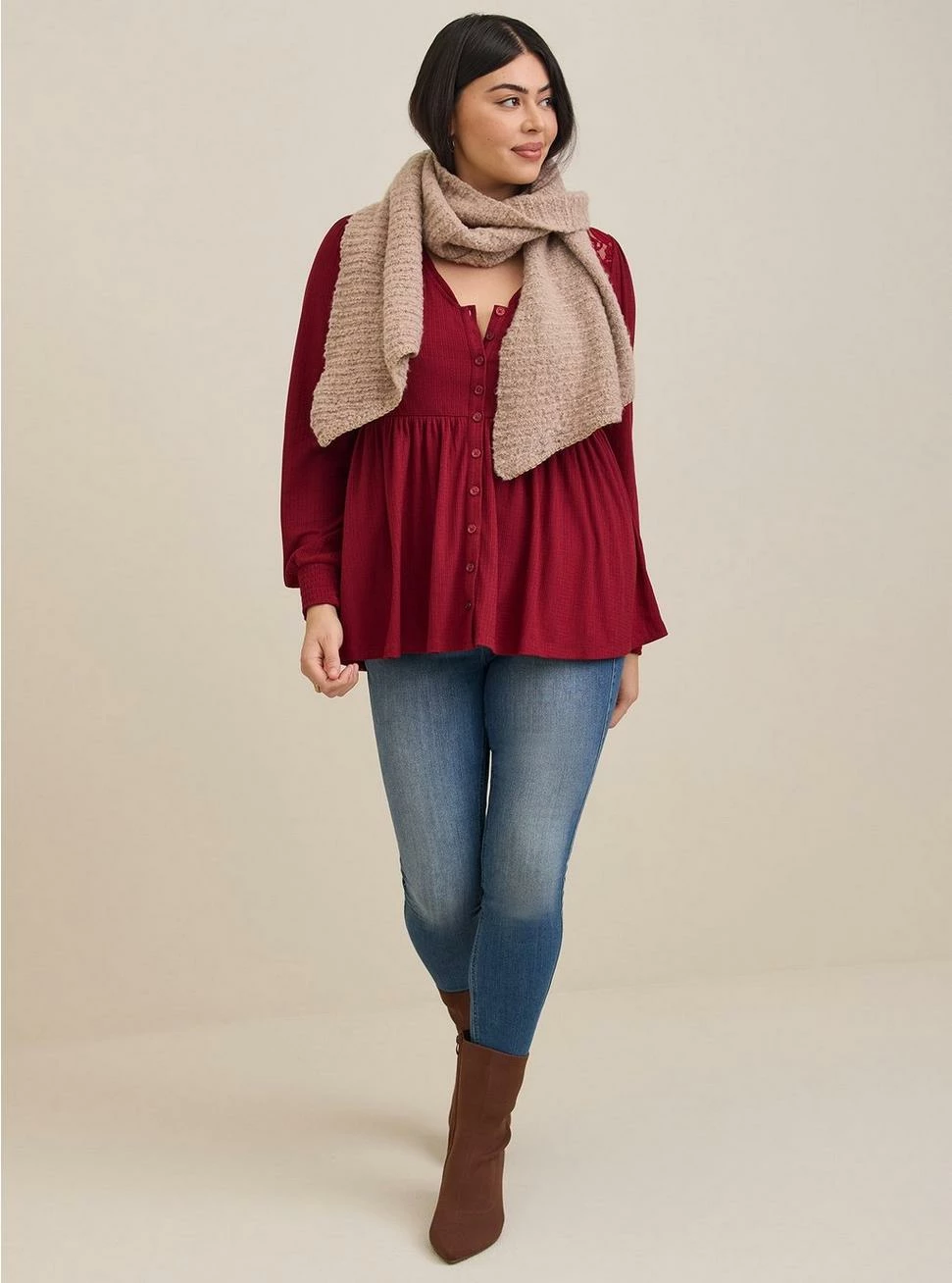 Babydoll Knit V-Neck Button-Front Lace Inset Peasant Sleeve Top 2 Babydoll Knit V-Neck Button-Front Lace Inset Peasant Sleeve Top - Image 2