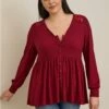 Babydoll Knit V-Neck Button-Front Lace Inset Peasant Sleeve Top