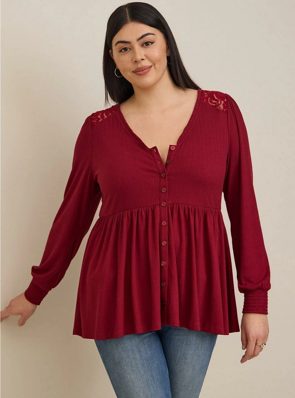 Babydoll Knit V-Neck Button-Front Lace Inset Peasant Sleeve Top 1 Babydoll Knit V-Neck Button-Front Lace Inset Peasant Sleeve Top