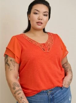 Super Soft Slub Crochet Inset Chiffon Flutter Sleeve Top