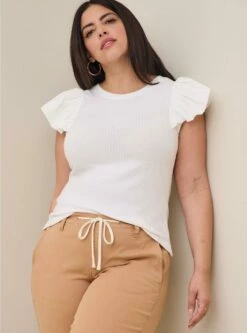 Super Soft Rib Fabric Mix Ruffle Top