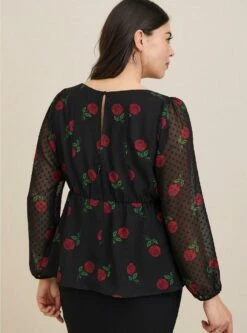 Peplum Chiffon Clip Dot Puff Sleeve Top -Clothing Shop 19728322 00007 av2