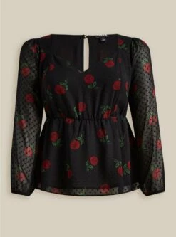 Peplum Chiffon Clip Dot Puff Sleeve Top -Clothing Shop 19728322 00007 flat