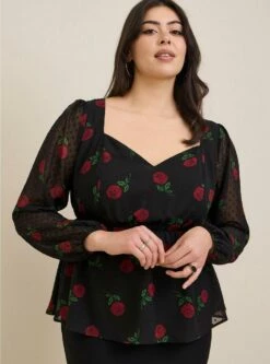 Peplum Chiffon Clip Dot Puff Sleeve Top