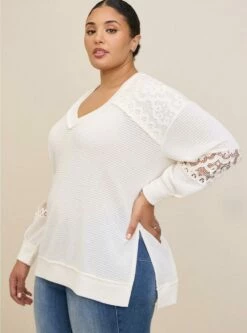 Waffle V-Neck Lace Inset Sweatshirt