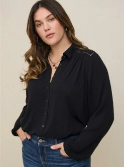 Madison Shirring And Embroidered Long Sleeve Shirt