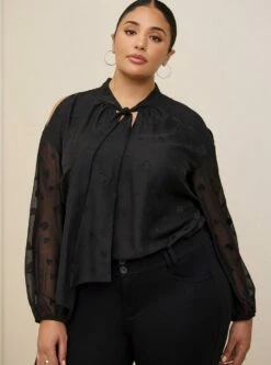 Clip Dot Tie Front Cold Shoulder Blouse