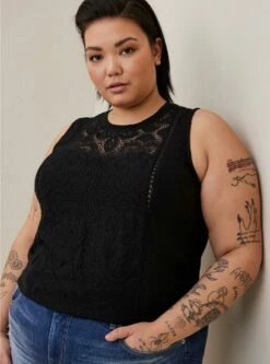 Cotton Modal Slub Lace Inset Mock Neck Tank