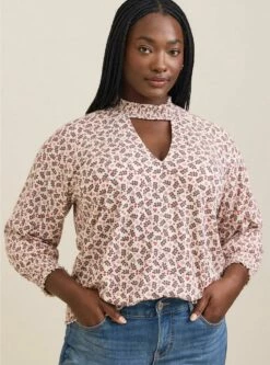 Textured Jersey Choker Neck Smocked Bottom Top