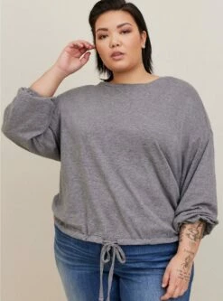 Cotton Modal Slub Drop Shoulder Tie Hem Long Sleeve Top