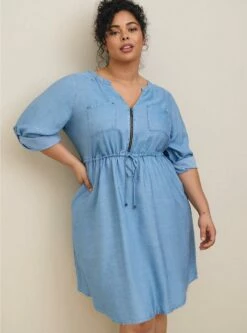 Mini Chambray Zip Front Shirt Dress