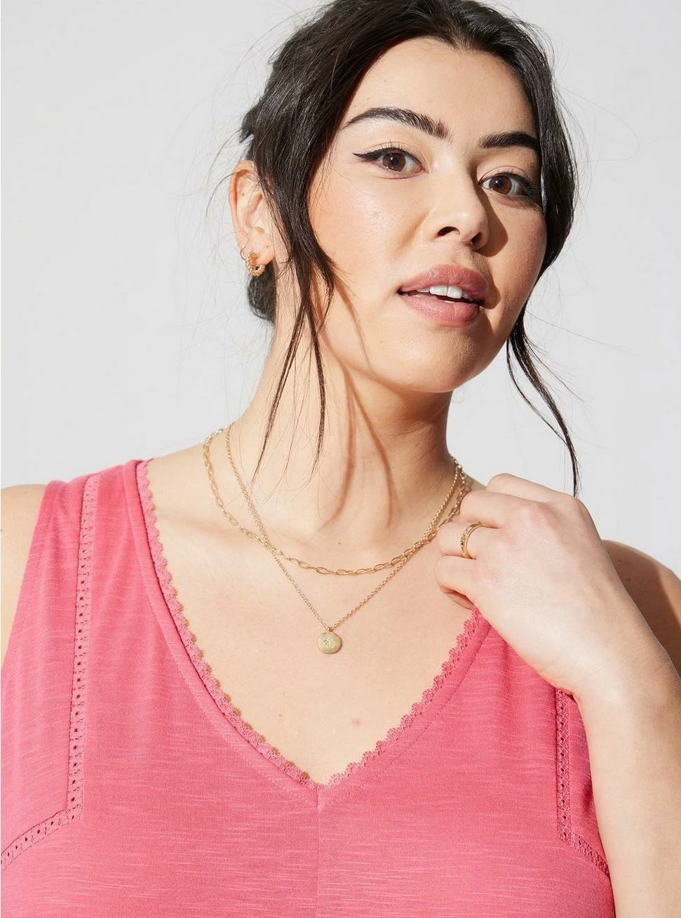 Cotton Modal Slub Ladder Trim V-Neck Babydoll Tank 4 Cotton Modal Slub Ladder Trim V-Neck Babydoll Tank - Image 4