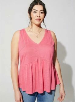 Cotton Modal Slub Ladder Trim V-Neck Babydoll Tank