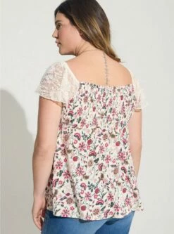 Cotton Modal Slub Smocked Bodice Lace Flutter Sleeve Babydoll Top -Clothing Shop 40086544 00117 av2