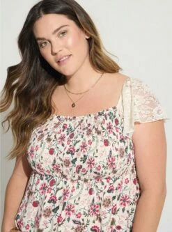 Cotton Modal Slub Smocked Bodice Lace Flutter Sleeve Babydoll Top -Clothing Shop 40086544 00117 av3