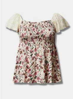 Cotton Modal Slub Smocked Bodice Lace Flutter Sleeve Babydoll Top -Clothing Shop 40086544 00117 flat