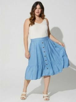 Midi Chambray Button Up Tiered Skirt