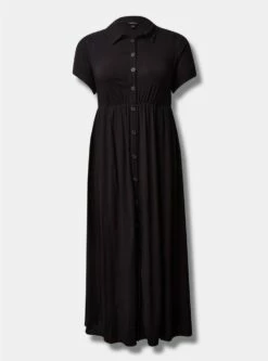 Maxi Rayon Slub Button Front Godet A-line Dress -Clothing Shop 40125209 00684 flat