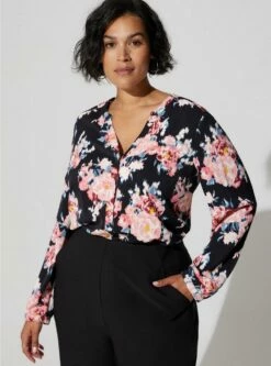 Studio Crepe De Chine Button Front Long Sleeve Blouse