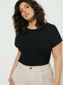 Cotton Eyelet Inset Dolman Short Sleeve Tee