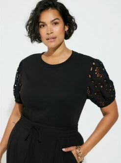 Cotton Crew Neck Eyelet Sleeve Top