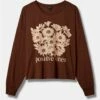 Positive Vibes Relaxed Fit Cotton Jersey Crew Neck Long Sleeve Crop Tee