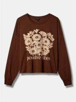 Positive Vibes Relaxed Fit Cotton Jersey Crew Neck Long Sleeve Crop Tee
