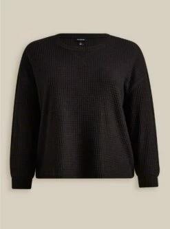 Brushed Waffle Crew Neck Drop Shoulder Long Sleeve Crop Tee -Clothing Shop 40260752 00684 flat