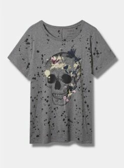Floral Sketch Skull Vintage Cotton Crew Neck Tee
